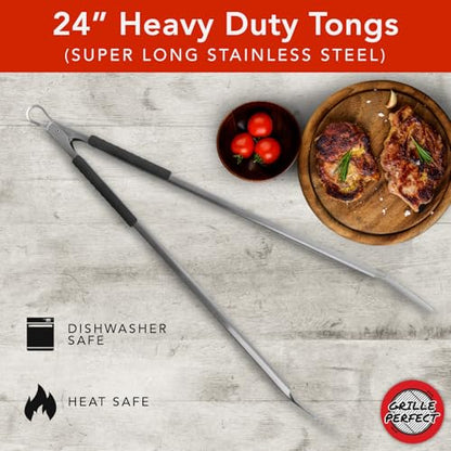 Grill Tongs 24-Inch Super Long Extra Heavy Duty for Grilling and Barbecue Heat Resistant Hand Grips Stainless Steel for BBQ Outdoor Kitchen and Cooking Hot Grilled Food - size: 24 Inches