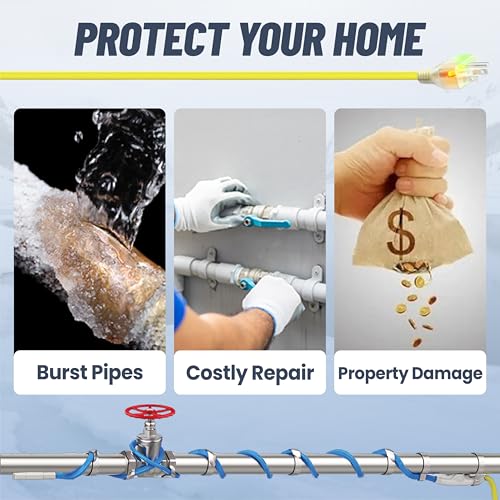 2 Ft Upgraded Dual-Indicators Heat Tape for Water Pipes, YeloDeer Self-Regulating Heat Trace with Thermostat, Heating Cable with Extra End Seals for Metal and Plastic Pipes 120V - style: 2-feet