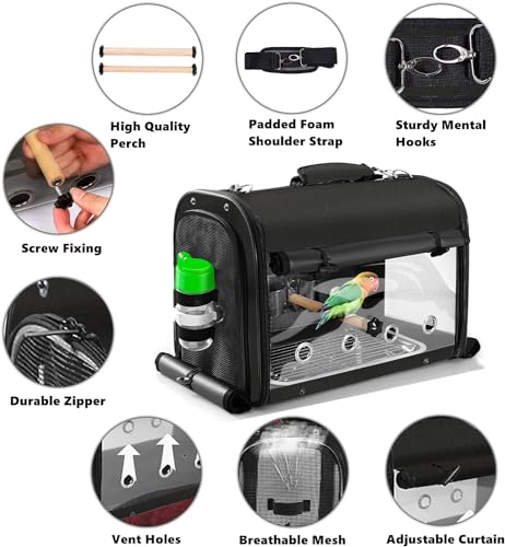 Bird Carrier Bag Bird Travel Cage with Stand, Lightweight Backpack for Parrot, Portable Bird Travel Bag, Pet Transparent Breathable Travel Cage, Black - size: Large-Black