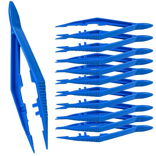 Vakly Disposable Plastic Forceps Tweezers Blue (30 Pack) – Serrated Tip Medical Tweezers with Finger Ridges & Narrow Points for First Aid, Lab, Crafts & School Science