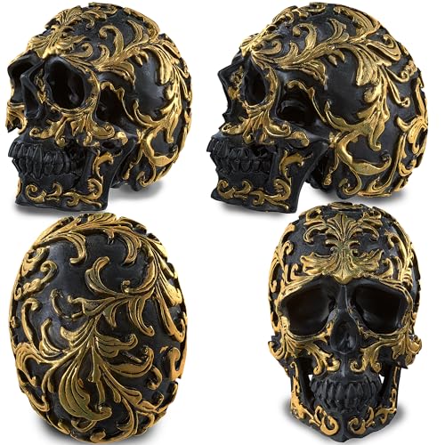 READAEER Small Size Human Skull Resin Statue Head Sculptures Skull Collectible Figurines (Black & Golden)