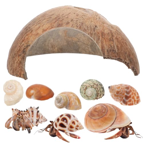 SHINEOFI Coconut Shell Hideout with 8 Large Hermit Crab Seashells Natural Reptile Shelter Small Pet Hide Cave for Aquarium Turtle Rest Hut and Lizard Habitat Decor
