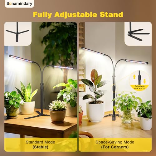 Grow Lights for Indoor Plants, Full Spectrum LED Plant Light with 9.8-35 in Tripod Stand, 120 LEDs 5700K, 4/8/12H Auto Timer, 5 Brightness Levels - size: Stand-2Head