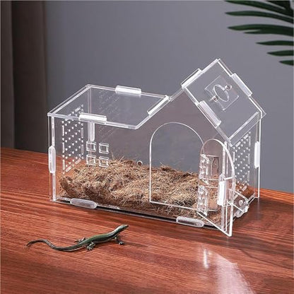 Transparent Reptile Enclosure, 180° Rotating Lidded Habitat for Geckos, Snakes, Spiders and Small Pets – Breathable Acrylic Terrarium, Clear View Amphibians Tank for Reptile Lovers