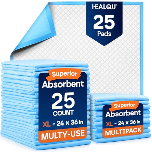 Healqu Disposable Underpads - Incontinence Bed Chux Pads for Adults, Kids, Elderly, and Pets - Fluid and Urine Bed Protection - Large, Super Absorbent Fluff and Polymer (24x36 Pack of 25) - size: 24x36" Pack of 25