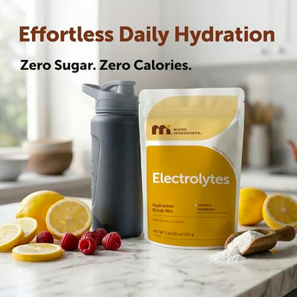 Micro Ingredients Electrolytes Powder, 1lbs(69 Servings) | Sugar Free | Lemon Raspberry Flavor | High Potassium (1,000mg) + Coconut Water & Real Lemon Juice | Keto Friendly, Non-GMO - size: 16 Ounce (Pack of 1)