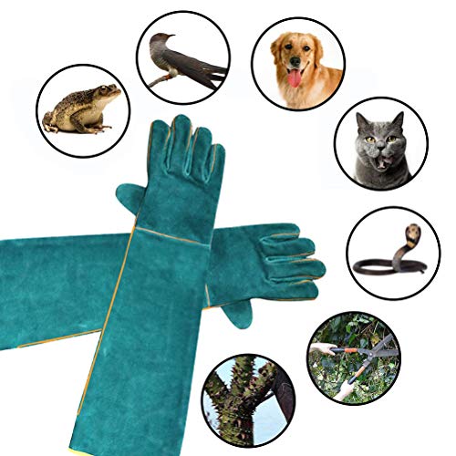 JTLB Animal Handling Gloves Bite Protection Gloves Pet Grasping Long Leather Protective with Breathable Sweat Absorbent Cowhide for Garden Cutting Veterinary Animal (Dark Green)