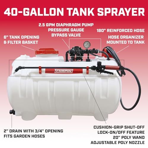 Chapin 98444 ATV 40G Water Tank Sprayer with 2-Nozzle Boom and 2.5 GPM Pump, for Agriculture/Farming/Acreage
