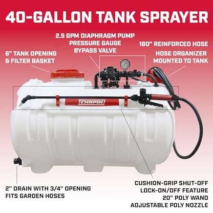 Chapin 98444 ATV 40G Water Tank Sprayer with 2-Nozzle Boom and 2.5 GPM Pump, for Agriculture/Farming/Acreage