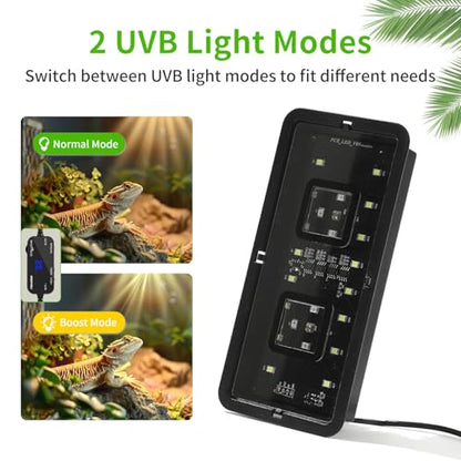LED UVB Reptile Light – Dual UVA/UVB Lamp with Dimmer, 2 UV Modes, Timer & Fan Cooling, 10W for Turtles, Lizards, Snakes, Glass or Mesh Terrariums (6500K)