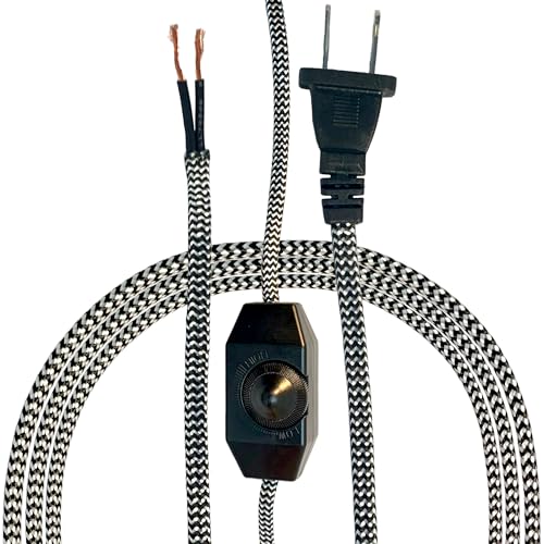 Royal Designs, Inc. Lamp Cord Molded Plug with Dimmer Switch, Stripped Ends Ready for Wiring, 8 ft long, Black/White, SPT-1 UL Listed (CO-5001D-BLK/WH-8-1) - color: Black/White