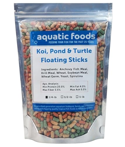 Koi, Pond & Turtle 7/16" x 5/32" 25% Protein Floating Sticks. Spirulina, Color Enhancing & Wheat Germ Sticks for Koi, All Pond Fish, Aquatic Turtles...WL…1/4-lb Foil Pouch Bag - size: 4 Ounce (Pack of 1)
