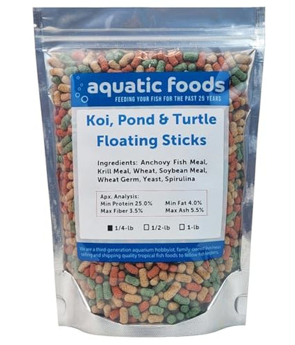 Koi, Pond & Turtle 7/16" x 5/32" 25% Protein Floating Sticks. Spirulina, Color Enhancing & Wheat Germ Sticks for Koi, All Pond Fish, Aquatic Turtles...WL…1/4-lb Foil Pouch Bag - size: 4 Ounce (Pack of 1)
