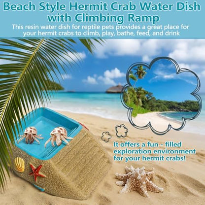 Hermit Crab Water Bowl,Resin Hermit Crab Pool with Climbing Ramp,Beach Style Reptile Feeding Dish Food Bowl Basking Platform Accessories for Turtles,Lizard,Frog,Gecko