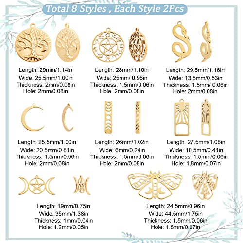 SUNNYCLUE 1 Box 16Pcs 18K Gold Plated Stainess Steel Tarot Style Tree of Life Charms Moon Phase Snake Charm Triple Goddess Moon Ouijas Crescent Hollow Butterfly Charms for Jewelry Making Charm Craft