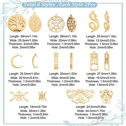 SUNNYCLUE 1 Box 16Pcs 18K Gold Plated Stainess Steel Tarot Style Tree of Life Charms Moon Phase Snake Charm Triple Goddess Moon Ouijas Crescent Hollow Butterfly Charms for Jewelry Making Charm Craft