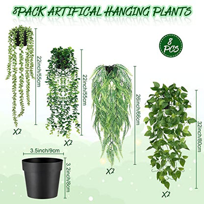Jexine 8 Pcs Artificial Hanging Plants Potted Fake Plants Greenery Faux Eucalyptus Vine Mandala Vine String of Pearls Fern Plastic for Shelf Home Wall Living Room Office Indoor Outdoor Garden Decor