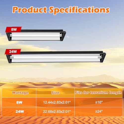 T5 UVB Reptile Light Fixture Combo Kit 8W 10.0 – Complete HO UVB Light for Reptiles with 12.44" Terrarium Hood, Desert UVB Bulb for Bearded Dragon Gecko Tortoise Lizard – Easy to Install and Use - size: 10.0-12.44 in