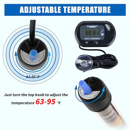 FREESEA 50 Watt Aquarium Submersible Betta Heater with Aquarium Submersible Thermometer