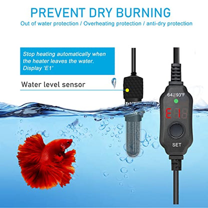 YukiHalu Small Submersible Aquarium Heater, Adjustable Mini Fish Tank Heater 25W 50W 100W 200W 300W with External Temperature Controller, LED Display, Used for 5/10/20/40/60 Gallons (50 Watts) - size: 50 Watts