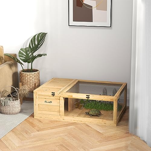 Kaimei Wooden Tortoise House, Reptile Enclosure with Viewing Windows - Indoor/Outdoor Habitat for Turtles, Lizards, Geckos