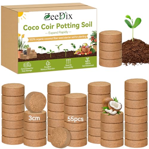 ZeeDix 55 Pack 30mm Organic Coco Coir Pellets Seed Starter Soil | Low EC, pH Balance, Potting Soil Mix, Seed Starting, Indoor Outdoor Plants, Herbs Houseplants Bonsai Vegetables Flowers - color: 55 Pack, size: 30mm