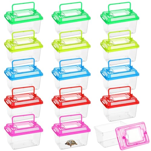 15 PCS Plastic Reptile Terrarium Carrier Cage, Portable Transparent Aquarium Box with Slotted Ventilation Holes for Turtle, Snake, Spider, Breeding, Hatching, Fish, 5 Colors Lid, 5 x 3.4 x 3.4 in - color: multicolor,15PCS