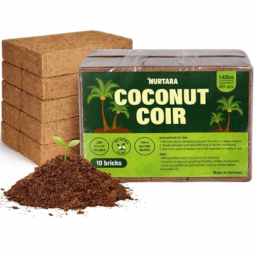 14 Lbs Bricks, Pack 10 Coconut Coir | 1.4 Lbs Each | Organic Compressed Cocopeat, Seed Starter Soil, Coconut Fiber for Reptile Terrarium, Potting Mix | Low EC, pH Balanced, Odor-Free - size: 14 Lbs (Pack of 10)