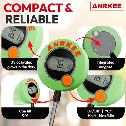 Digital Temperature Probe HVAC Thermometer with LCD Display, Phosphorescent Cover, Magnetic Mount, Fahrenheit and Celsius, Foldable Display, Probe Tip Protector and Hanging Mount