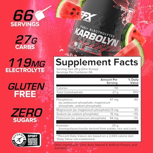 EFX Sports Karbolyn Hydrate | Carbohydrate Powder + Electrolytes | Sugar Free Sports Drink Mix | Fuel & Hydration | Stimulant Free | 66 Servings (Watermelon Wave)