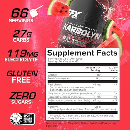 EFX Sports Karbolyn Hydrate | Carbohydrate Powder + Electrolytes | Sugar Free Sports Drink Mix | Fuel & Hydration | Stimulant Free | 66 Servings (Watermelon Wave)