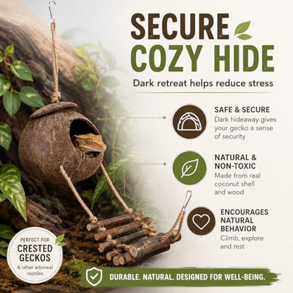 IMIKEYA Reptile Hide Coconut Cave, Natural Hanging Shell Hut with Rope Ladder for Crested and Leopard Gecko, Lizard Tank Hideout Decor for Small Reptiles and Hermit Crabs