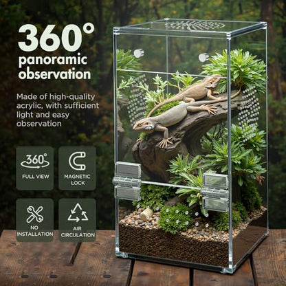 Pre-Assembled Jumping Spider Enclosure, Acrylic Terrarium with Magnetic Door & All-Side Ventilation, Habitat for Spiderling, Mantis, Tarantula, Snail, 3.5"×3.5"×7" (Tweezer & Temp Sticker Included) - size: Small Vertical (3"×3"×7")