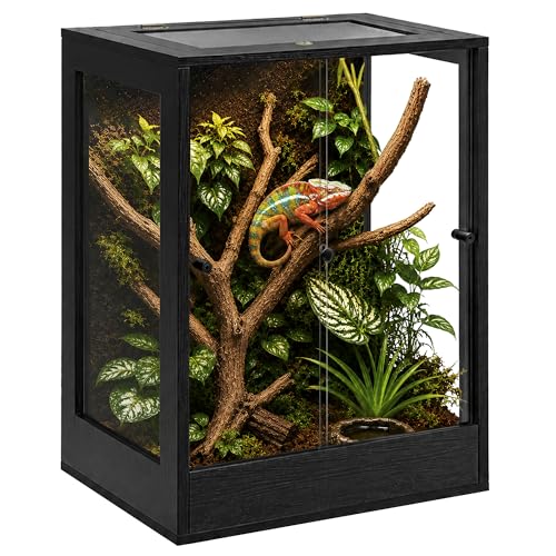 PROLEE 24" x 18" x 36" Tall Reptile Terrarium, 65 Gallon Glass Chameleon Cage, Vertical Crested Gecko Tank with Ventilated Mesh Top, Front Opening Rainforest Habitat, Black - color: Black, size: 24" L x 18" W x 36" H, 65 Gallon