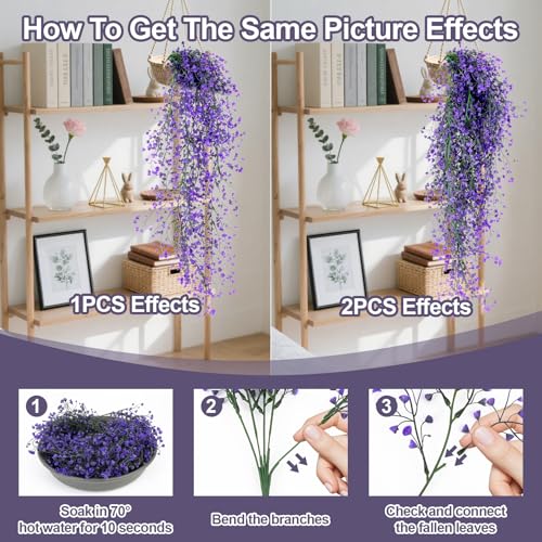 RAINFLOW 2PCS Artificial Hanging Plants Indoor - Vivid Fake Vines with Mini Purple Flowers, Fake Hanging Flowers Ivy Vine for Shelf Wall Living Room Home Garden Patio Balcony Yard Outdoor Decor