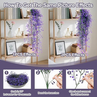 RAINFLOW 2PCS Artificial Hanging Plants Indoor - Vivid Fake Vines with Mini Purple Flowers, Fake Hanging Flowers Ivy Vine for Shelf Wall Living Room Home Garden Patio Balcony Yard Outdoor Decor
