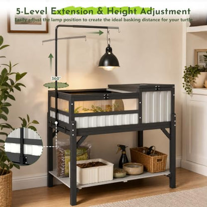 Large Tortoise Habitat with Storage Shelf, Wooden & Plastic Tortoise Enclosure with Adjustable Lamp Stand, Viewing Window, Pull-Out Tray, 2-Room Indoor Outdoor Reptile Turtle House - size: 39.0"L x 22.8"W x 33.0"H