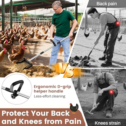 2-in-1 Chicken Poop Scooper & Rake with Grip, Adjustable Handle 24" to 66" | 10" Wide Metal Sand Sifting Shovel, Chicken Pooper Scooper for Poop Shavings, Litter Scooper for Chicken Coop Accessories