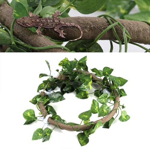 Estink Reptile Vine, 3.28ft Rattan Reptile Climbing Branch Flexible Bendable Jungle Climbing Vine Terrarium Pet Habitat Decor for Fish Tank Reptile Box Aquarium Decoration (Rattan + - size: Rattan + green radish leaves
