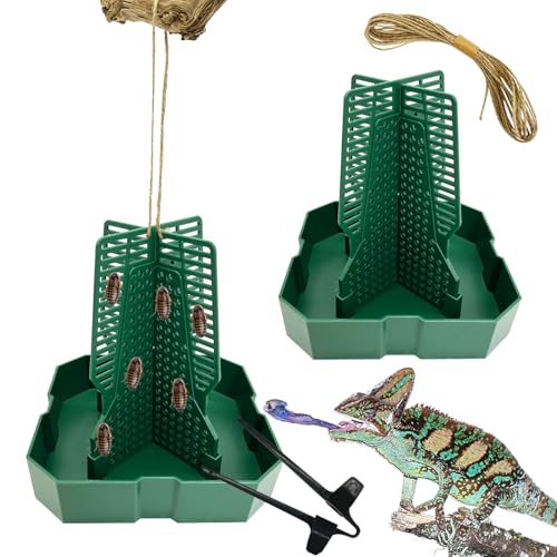 2PCS Reptile Hunting Bowl,5.8"×5.8"×6.1" H Insect Feeding Box with Rope and Tweezers Chameleon Feeder Bowls Hanging Bearded Dragon Bug Bowls Mounted Insect Reptile Feeder Box (Green,Large) - color: Green, size: Large:5.8"L×5.8"W×6.1"H