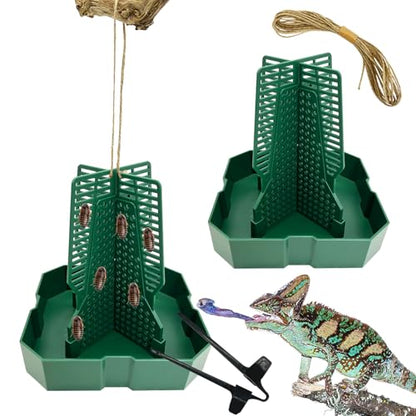 2PCS Reptile Hunting Bowl,5.8"×5.8"×6.1" H Insect Feeding Box with Rope and Tweezers Chameleon Feeder Bowls Hanging Bearded Dragon Bug Bowls Mounted Insect Reptile Feeder Box (Green,Large) - color: Green, size: Large:5.8"L×5.8"W×6.1"H
