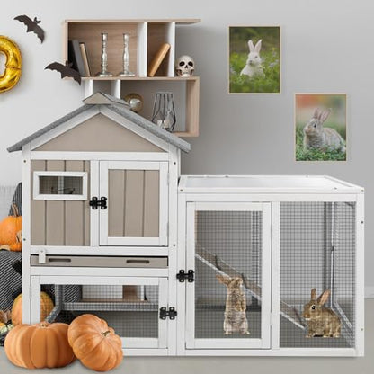 Gowoodhut 46.5" L Rabbit Hutch Indoor Outdoor Rabbit Cage with Run, Pull Out Tray, Asphalt Roof Large 2 Story Bunny Hutch Wooden Chicken Coop Guinea Pigs Pet House Cage for Small Animals,Grey - size: PET31NEW