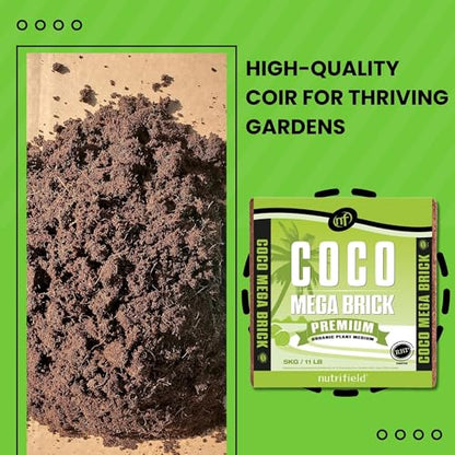 Nutrifield Coco Mega Brick 5kg | Compressed Coconut Coir Block Expands to 55L | Premium Quality Hydroponic Growing Medium, Pre-Buffered, Low EC Substrate for Indoor Outdoor Plants