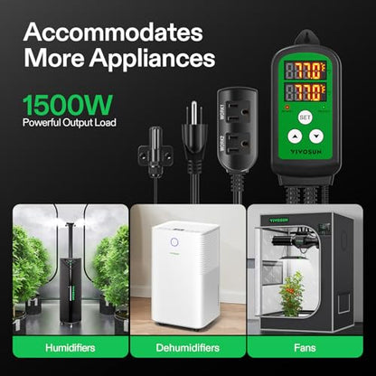 VIVOSUN 1500W Digital Temperature Controller and Humidity Controller, 1500W Dual-Stage Outlet, Pre-Wired Digital Humidistat with Dual LED Displays for Humidifier/Dehumidifier/Fan