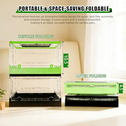 Travel Foldable Reptile Terrarium with Sliding Door Portable Spider Enclosure, Lizard Cage, Plastic Habitat for Tarantula, Tree Frog, Leopard Gecko, Snake, Ventilated Terrarium Starter Kit Green - color: Green