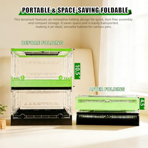 Travel Foldable Reptile Terrarium with Sliding Door Portable Spider Enclosure, Lizard Cage, Plastic Habitat for Tarantula, Tree Frog, Leopard Gecko, Snake, Ventilated Terrarium Starter Kit Green - color: Green