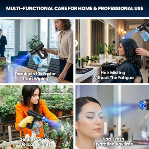 Professional K12 Nano Spray Gun with Blue Light, Atomizer Sprayer & Nano Steam Hair Mister Spray Bottle, Cordless & Rechargeable Barber Spray Gun, Home, Salon, Office & Travel Fine Mist Spray, Black - color: Black