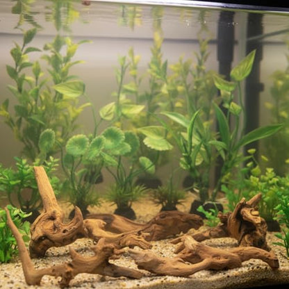 16 Pcs Aquarium Decor Fish Tank Decorations Include 6 Small Natural Coral Driftwood Spiderwood and 10 Green Plastic Plants for Reptile Terrarium Accessories Goldfish Tank Decor