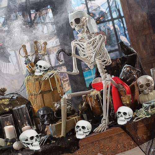 CUNHUYSmall Skulls Halloween Decor, 5 Inch Plastic Fake Skeletons, Mini Skulls for Crafts Outdoor Halloween Decorations, Realistic Miniature Human Skull Heads (4)