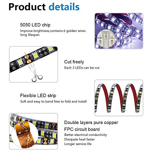 ALITOVE 16.4ft 5050 SMD Black PCB 12V White LED Strip Light Flexible Rope Lights 5M 300 LEDs LED Tape Light Waterproof IP65 DC for Home Garden Commercial Area Lighting(Without Power Supply)